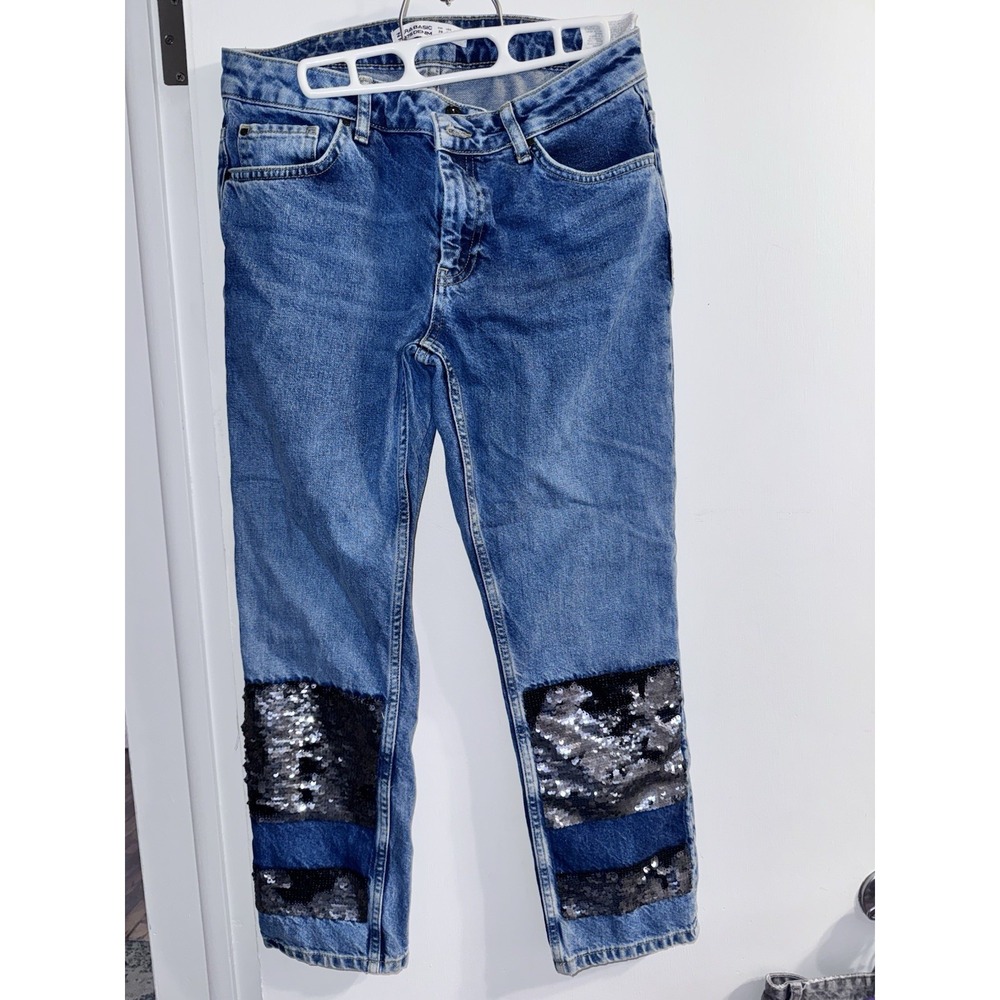 Zara Basic Denim Dept Blue Jeans Size 6 Sequin Patches On Front